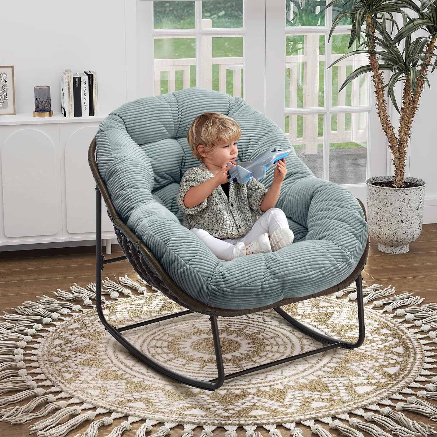 Oversized Indoor/Outdoor Corduroy Rocking Papasan Chair, Modern Egg-Shaped Design with Thick Memory Foam Cushion, Green