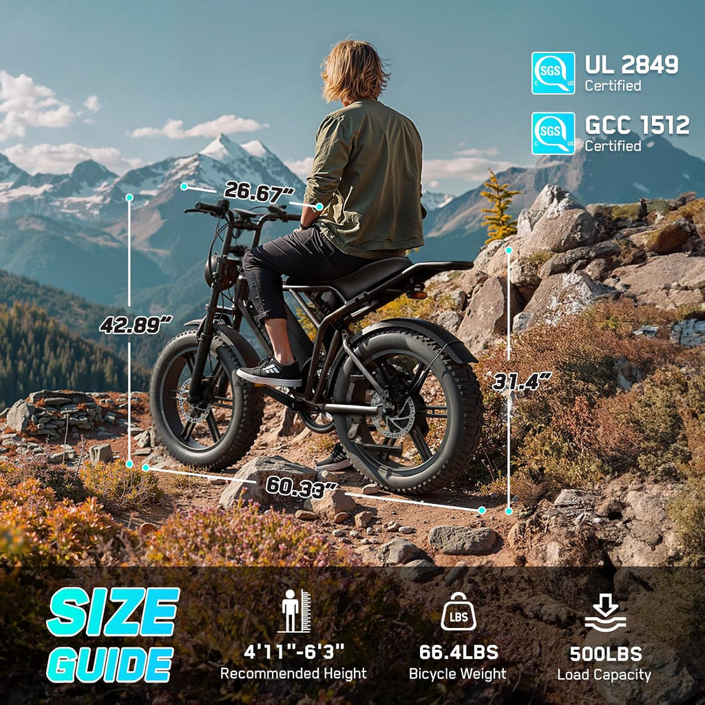 TST Electric Bike for Adults, 1500W Peak Motor 60 Miles Fat Tire Ebike with 48V 15Ah Removable Battery 20' Fat Tire Electric Bike, Dual Suspension，7 Speeds