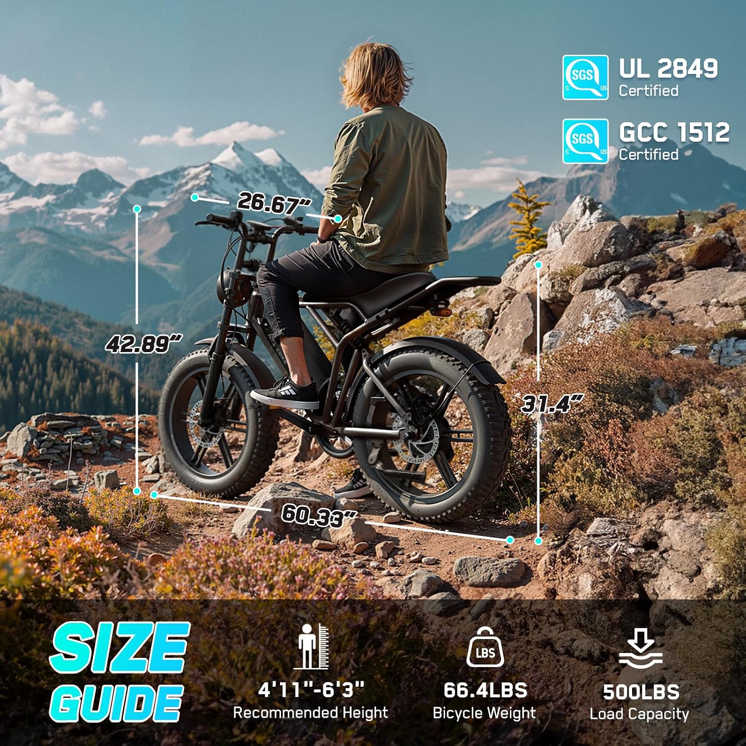 TST Electric Bike for Adults, 1500W Peak Motor 60 Miles Fat Tire Ebike with 48V 15Ah Removable Battery 20' Fat Tire Electric Bike, Dual Suspension，7 Speeds