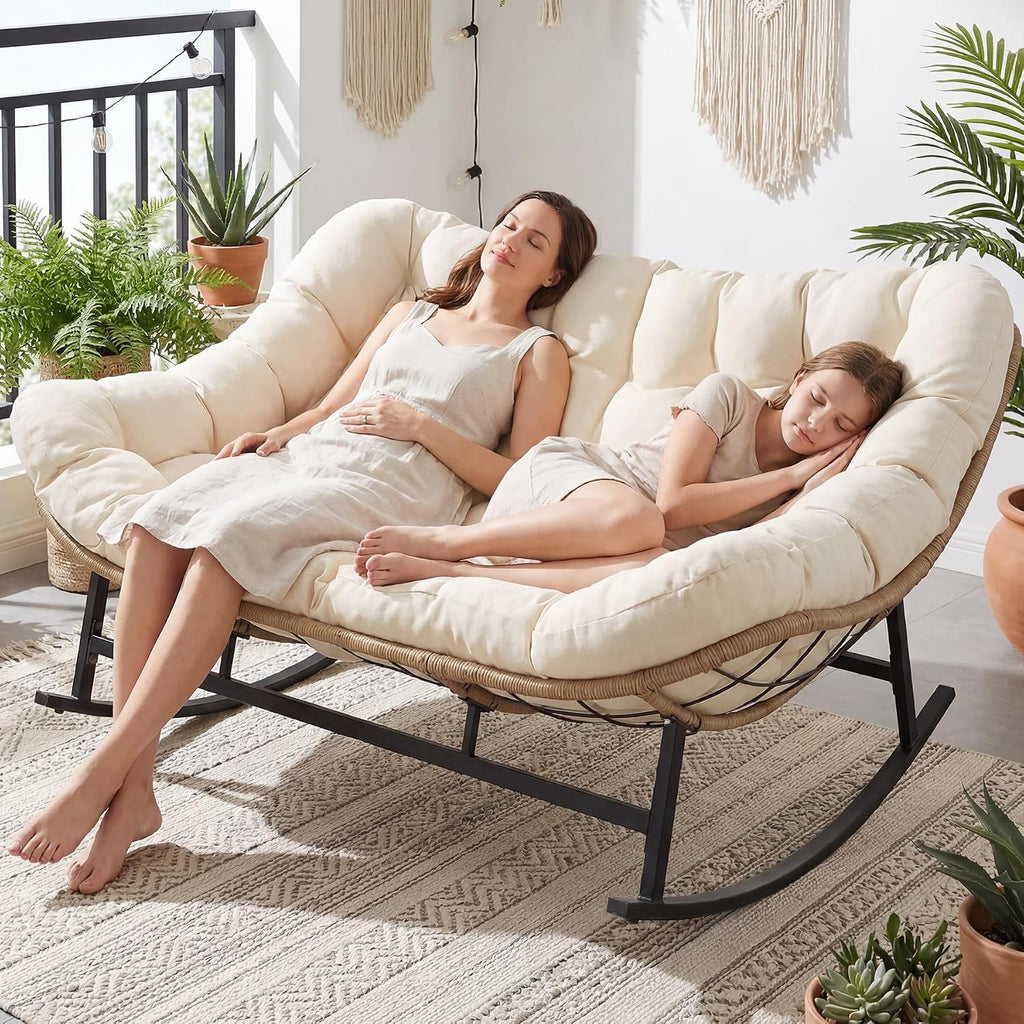 NICESOUL Oversized Double Rocking Papasan Chair with Thick Cushion, 2 Person Big Wicker Outdoor Comfy Recliner, Extra Large Heavy Duty Egg Loveseat for Patio, Balcony, Backyard, Garden, Beige
