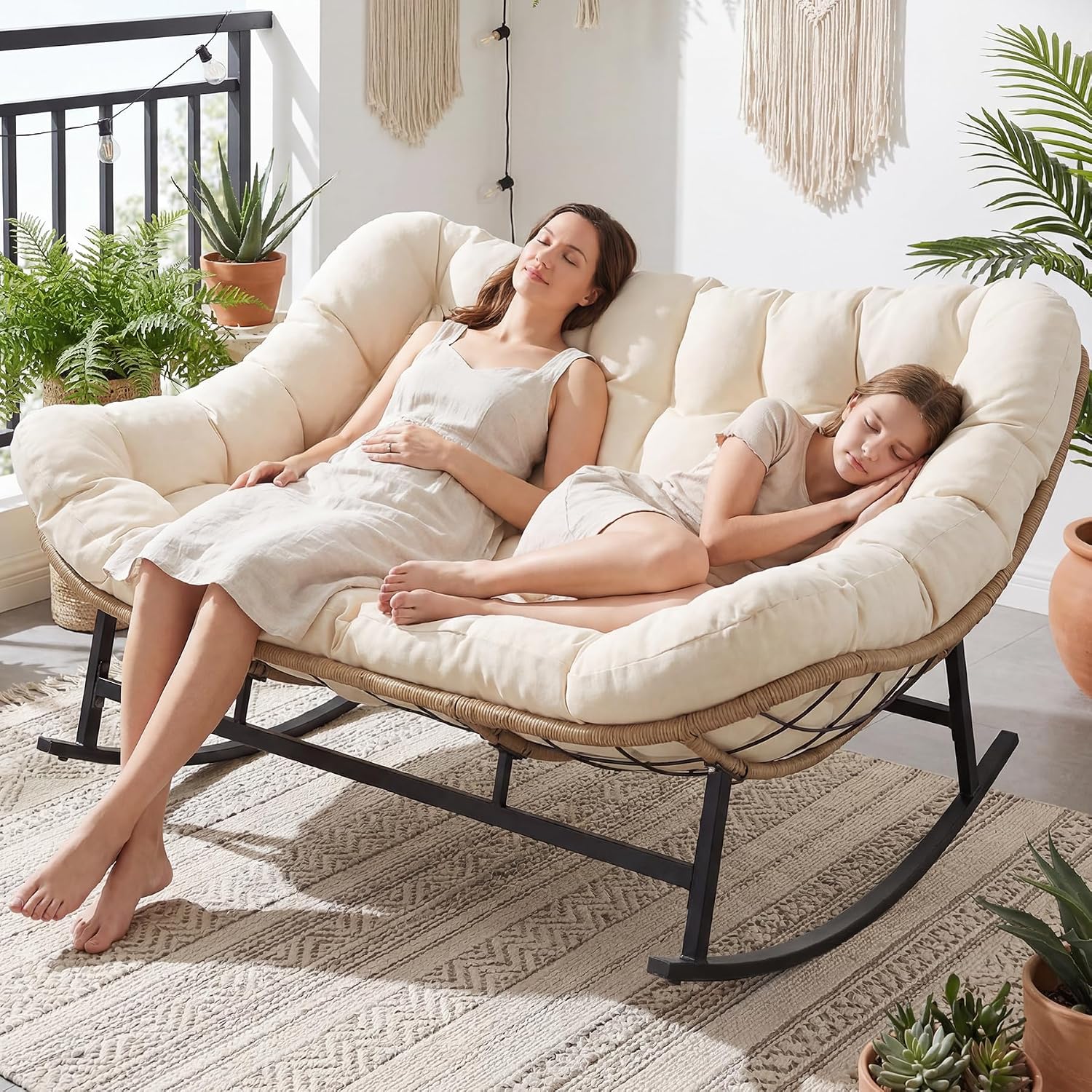 NICESOUL Oversized Double Rocking Papasan Chair with Thick Cushion, 2 Person Big Wicker Outdoor Comfy Recliner, Extra Large Heavy Duty Egg Loveseat for Patio, Balcony, Backyard, Garden, Beige