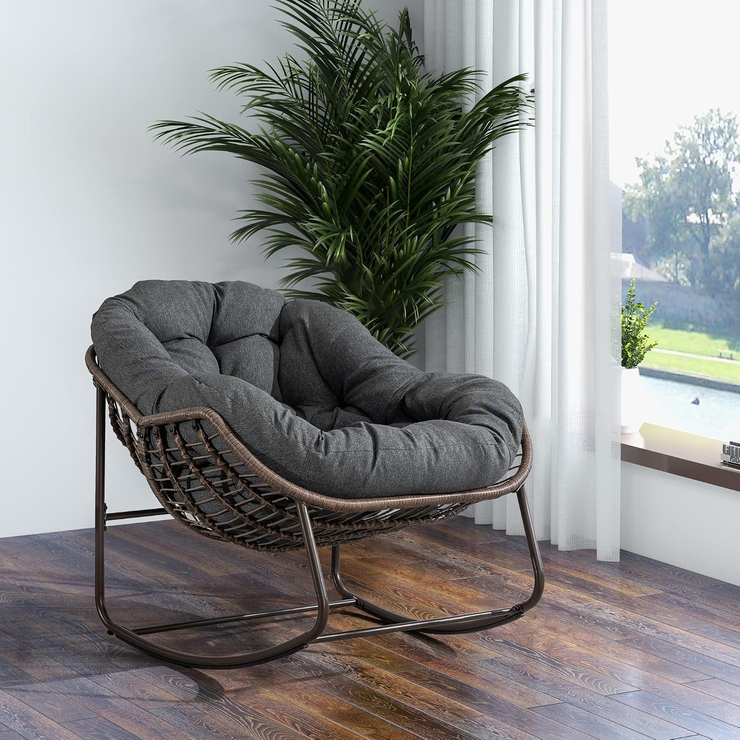 Ball & Cast Outdoor Patio Rocking Chair,Oversized Papasan Egg Chair with E-Coated,Padded Cushion,Recliner Chair for Indoor, Front Porch, Garden, Patio, Backyard,Grey