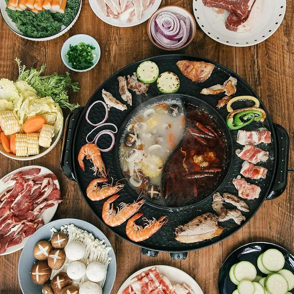Large Household Electric Hot Pot with Grill, Soup Pot and Korean BBQ, Non-stick Coating, Easy to Clean, For 7-10 People to Enjoy, 2200 W