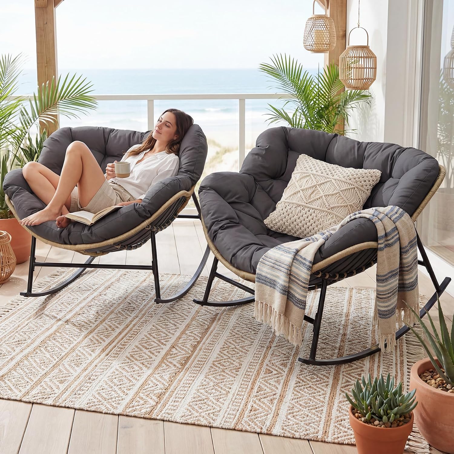 NICESOUL Indoor Outdoor 2-Piece Oversized Papasan Rocking Chair Set, Extra-Large Cushioned Double Royal Rockers, Comfy Loveseat Patio Lounge Chair, All Weather Durable Wicker Egg Glider, Dark Gray