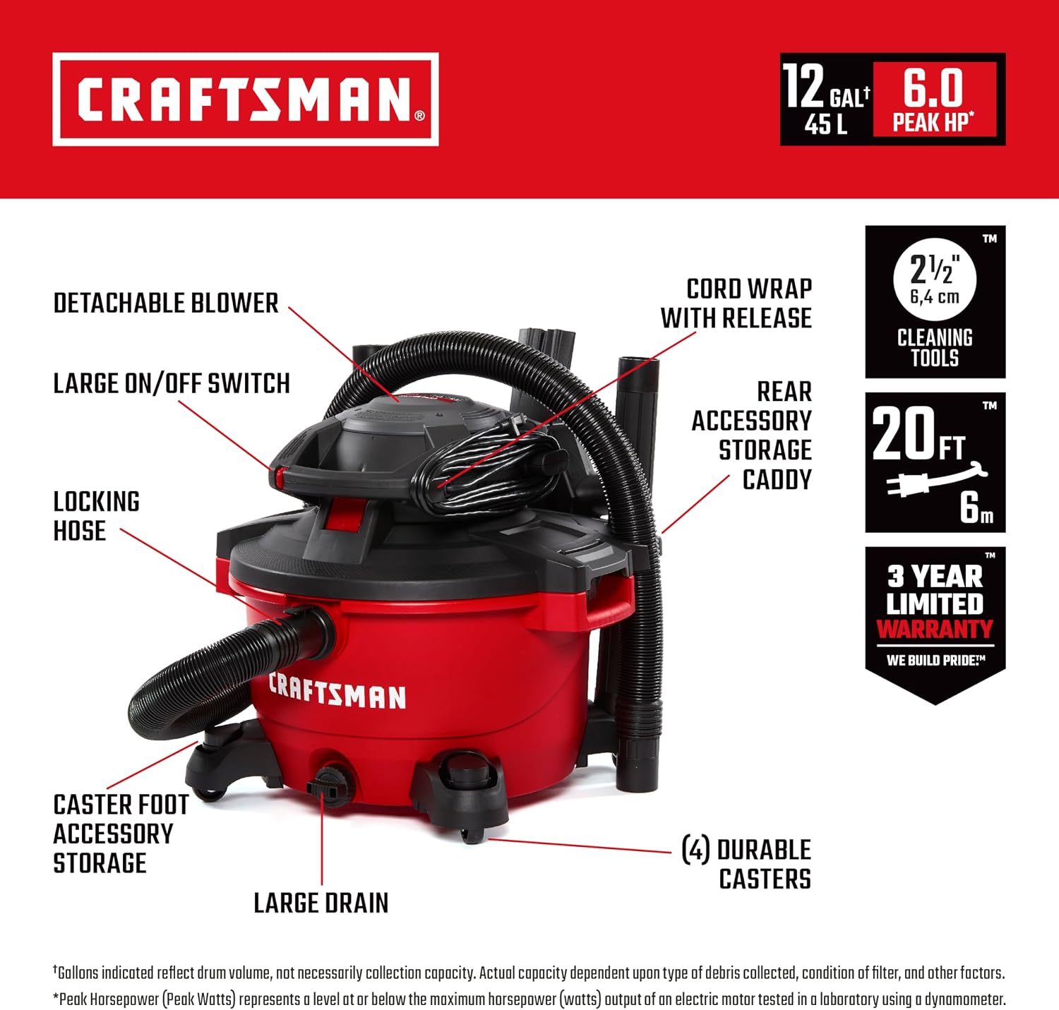 CRAFTSMAN CMXEVBE17606 12 Gallon 6.0 Peak HP Wet Dry Vac with Detachable Leaf Blower, Portable Shop Vacuum Wet and Dry with Filter, Dust Bag, Hose and Attachments for Garage, Outdoor Cleaning