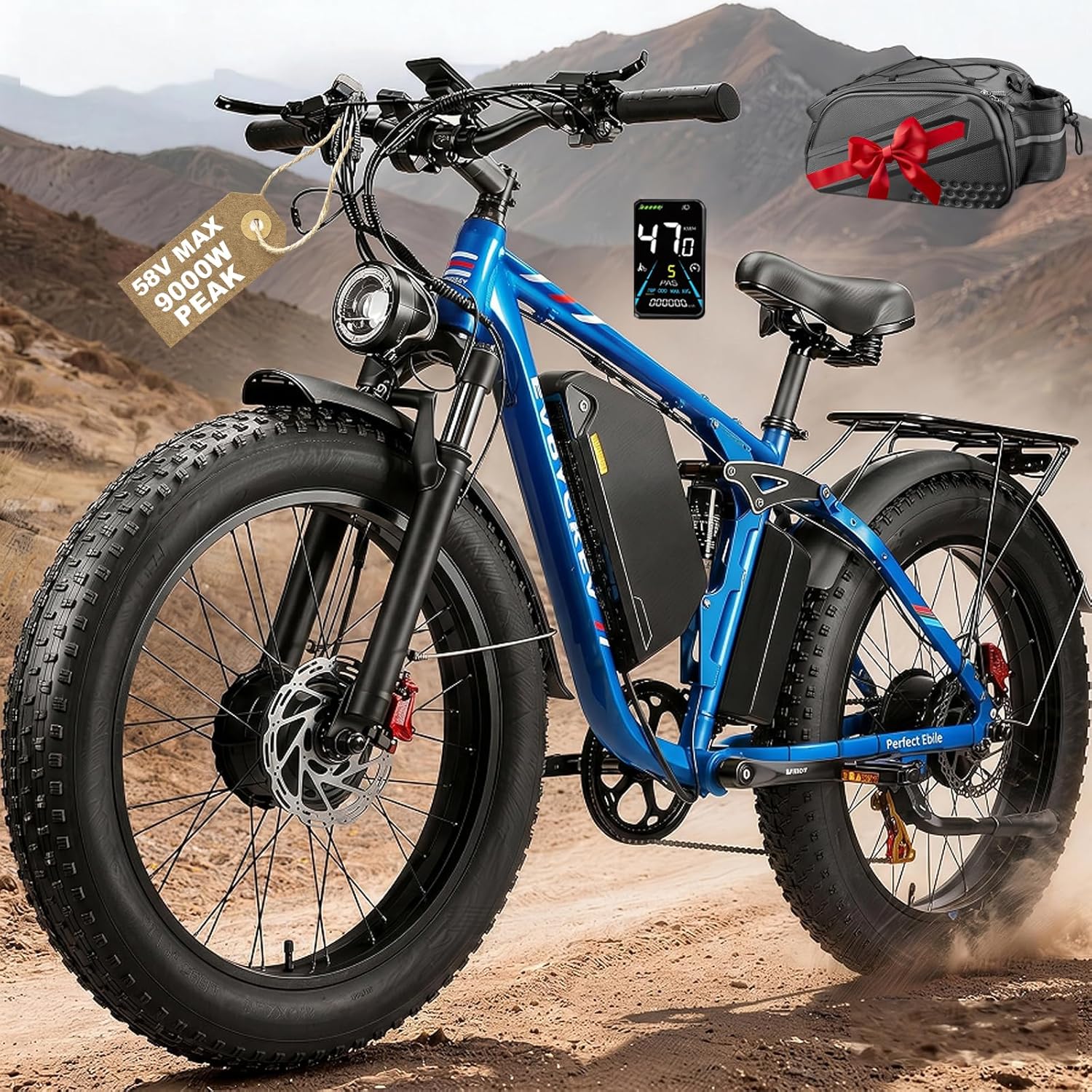 9000W Peak Electric Bike for Adults,58V Max-Output 1972Wh Dual Motor Ebike,47MPH 105Miles Range,24' x4.0 Fat Tire Hydraulic Disc Brake Full Suspension E-Bike for Mountain Snow Commuter