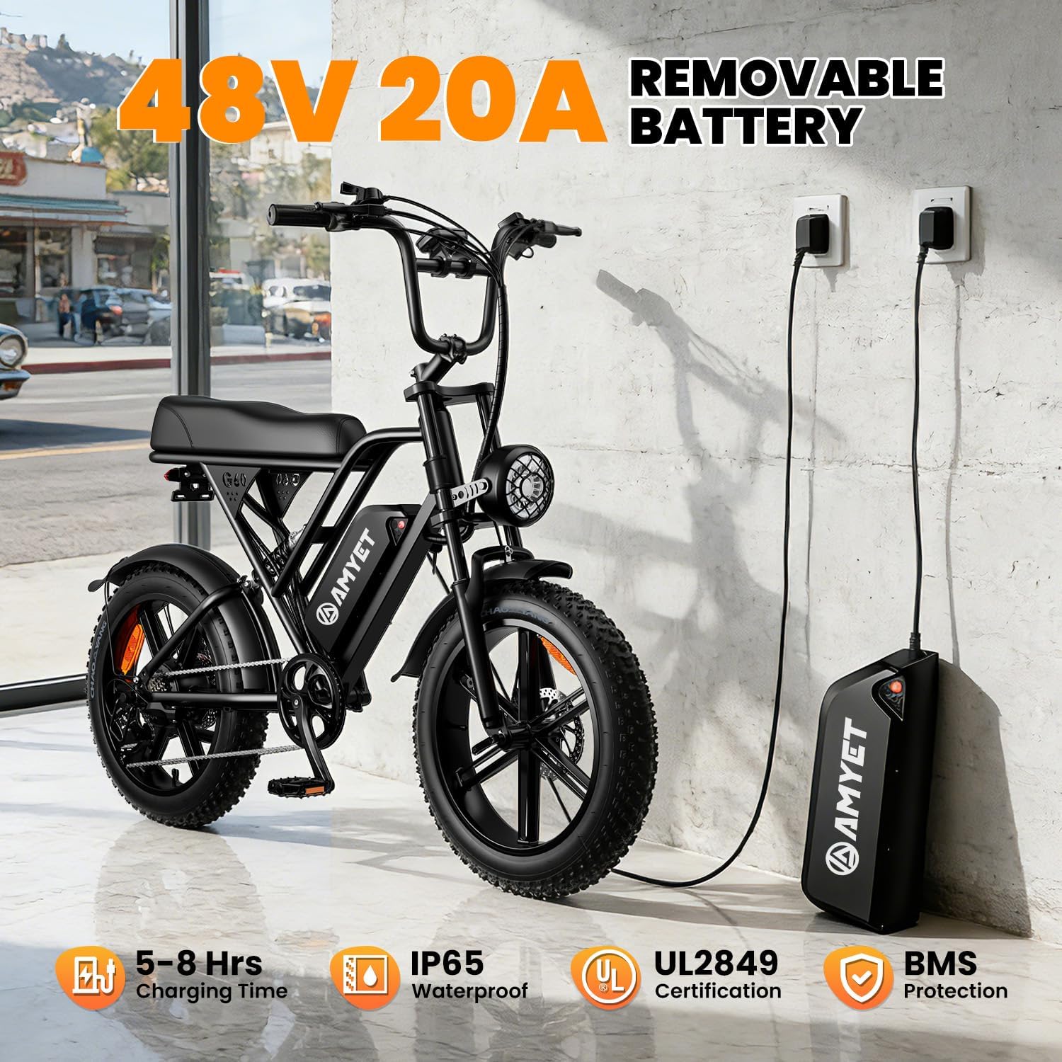AMYET V9-G60 Electric Bike for Adults, 48V 20Ah(960WH) Ebike with Removable Battery, 20' Fat Tire E Dirt Bike,Dual Shock Absorber, Adults Electric Bike with UL 2849 Certificaed