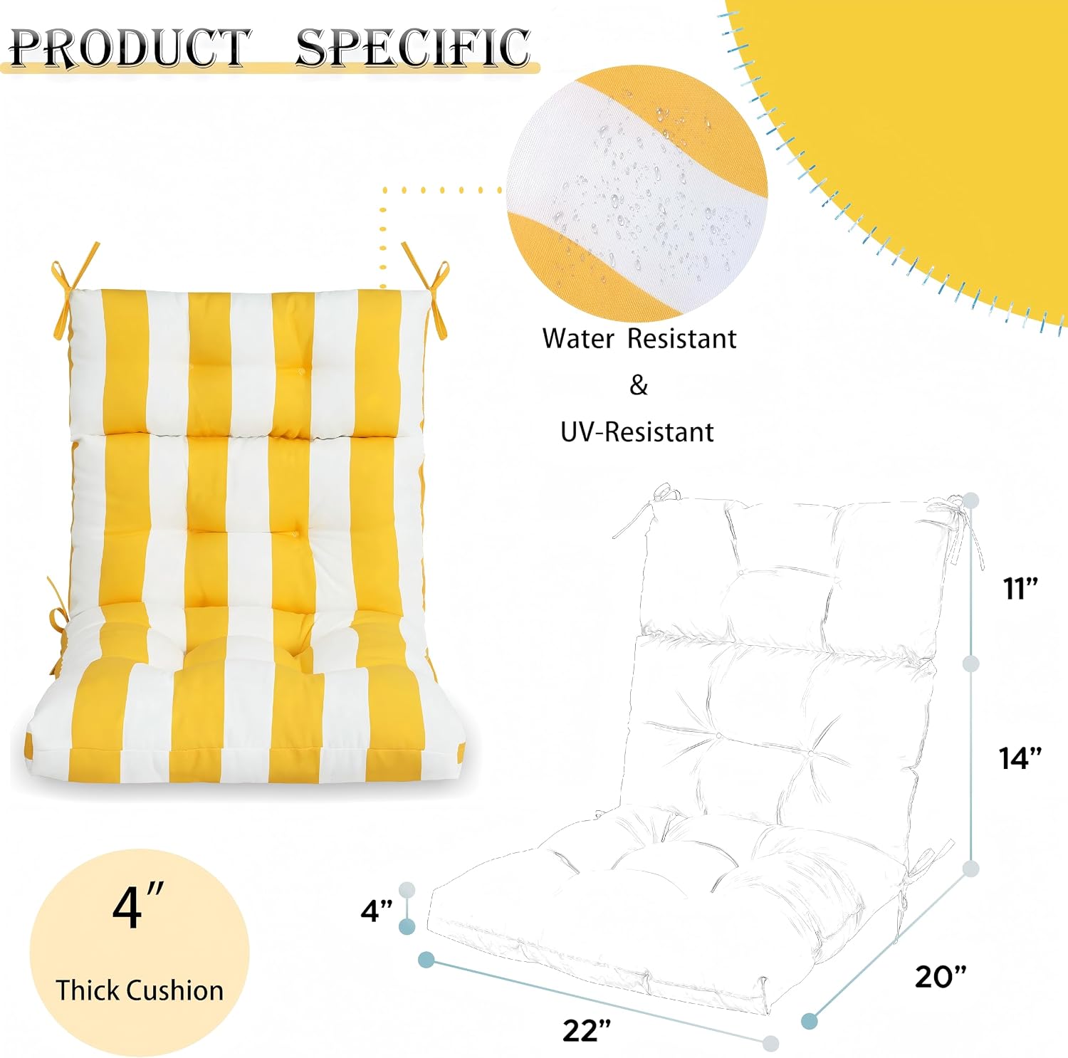 Only choice High Back Adirondack Chair Cushion Set of 2-44'x 22'x 4' Waterproof, Fade-Resistant Outdoor Rocking Chair Cushions for Patio, Garden, Porch (2, Yellow White Stripes)