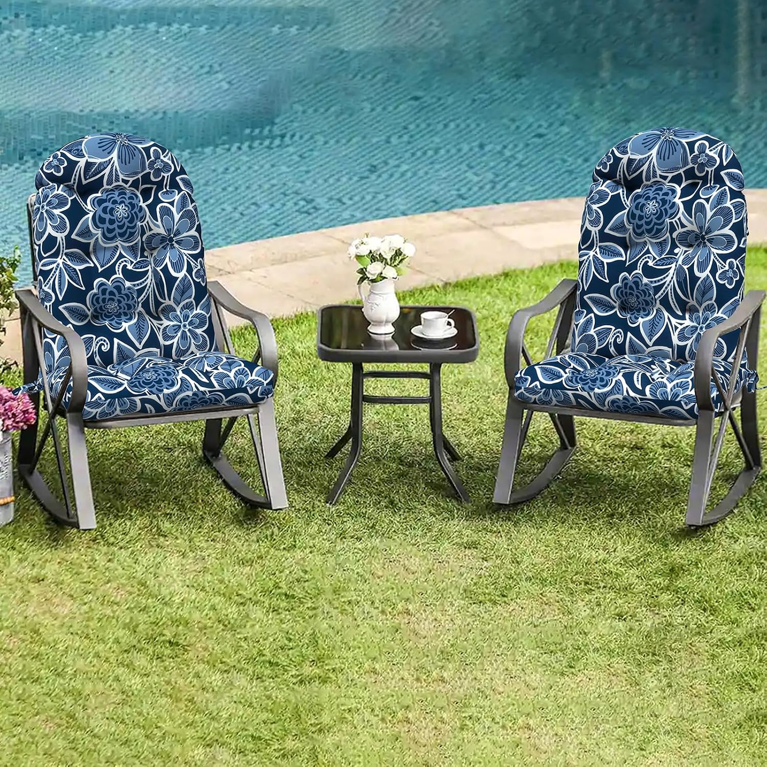 LVTXIII Outdoor Adirondack Chair Cushions, 44x19x4 Inch Non-Slip High Back Rocking Chair Cushion, Tufted Seat Cushion for Patio Furniture, Set of 2, Flower Navy