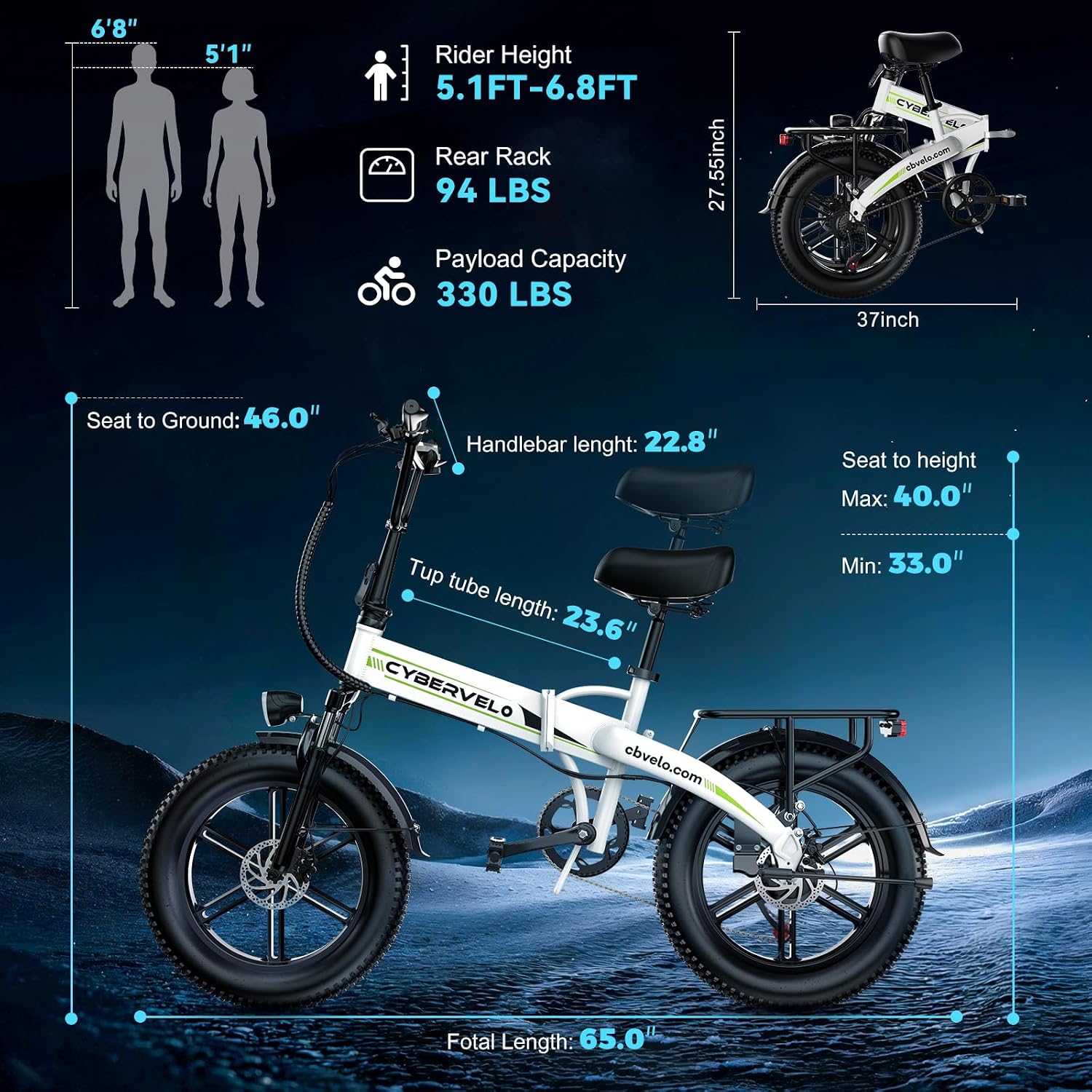 Aelith Folding Electric Bike for Adults–20'x3' Fat Tire, 48V Removable Battery, All-Terrain E-Bike with 7-Speed, Front Suspension – Powerful Foldable Ebike for Commuter