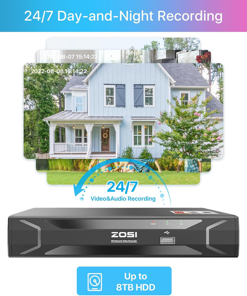 ZOSI 5MP 8CH PoE Security Camera System with Audio,H.265+ 5MP 8 Channel NVR with 2TB HDD,8pcs Weatherproof PoE IP Cameras Outdoor Indoor,Human Detection,100ft Night Vision,for Home 24-7 Recording