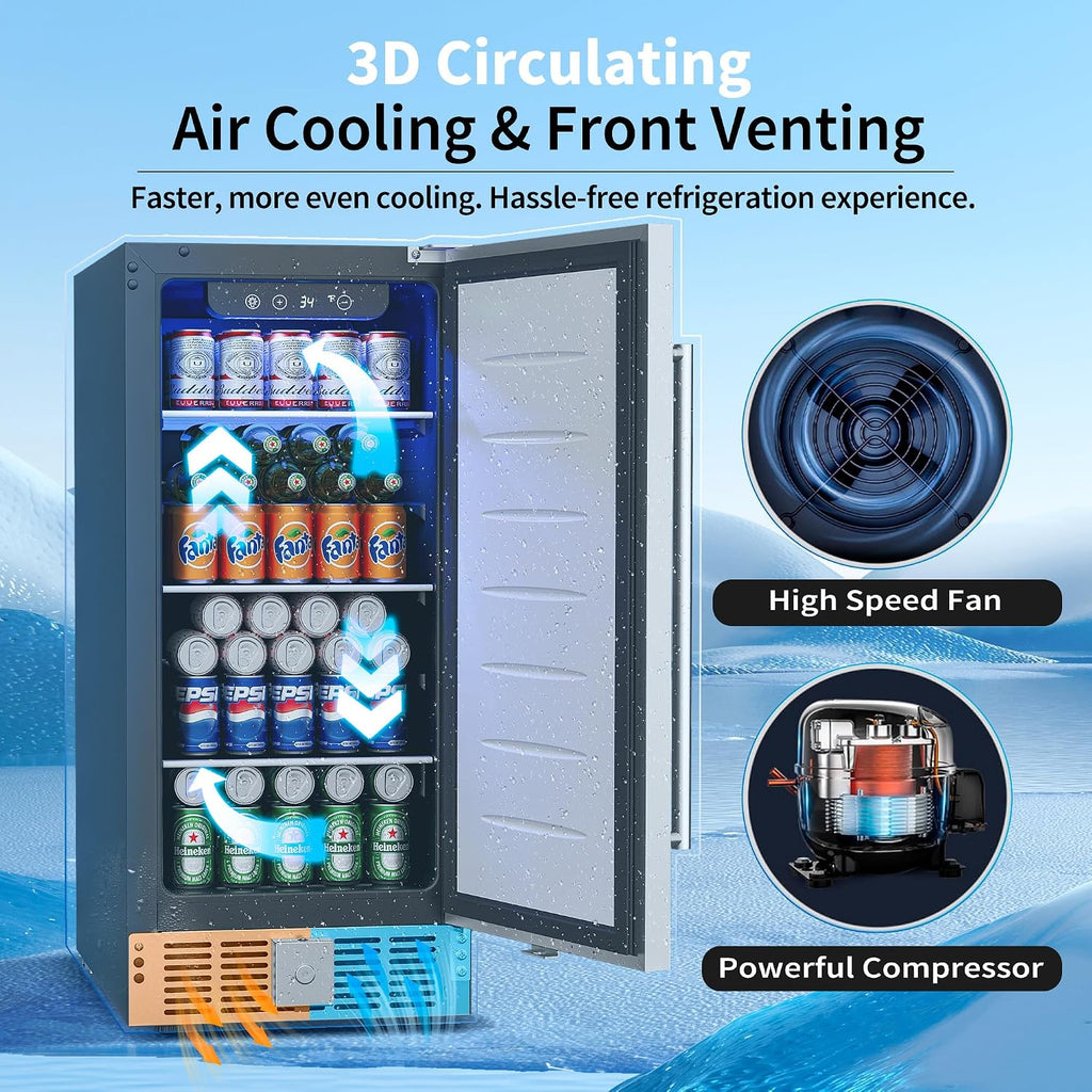 Feelfunn 15 Inch Undercounter Beverage Refrigerator - 126 Cans Beverage Fridge with Stainless Steel Door for Beer Wine Soda - Built-in or Freestanding Wine Cooler for Home Kitchen Bar