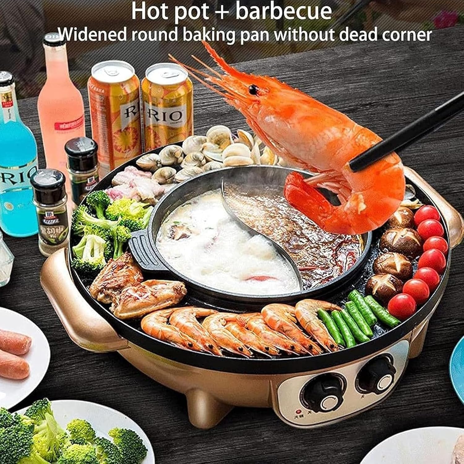 Large Household Electric Hot Pot with Grill, Soup Pot and Korean BBQ, Non-stick Coating, Easy to Clean, For 7-10 People to Enjoy, 2200 W