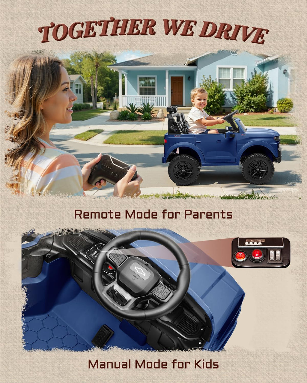 First Ride On 24V 2 Seater Ride on Toys Licensed Chevrolet Silverado, Electric Vehicle with Remote Control and Seat Belts, Electric Ride On Truck wtih Trunk, Bluetooth and LED Lights (Blue)