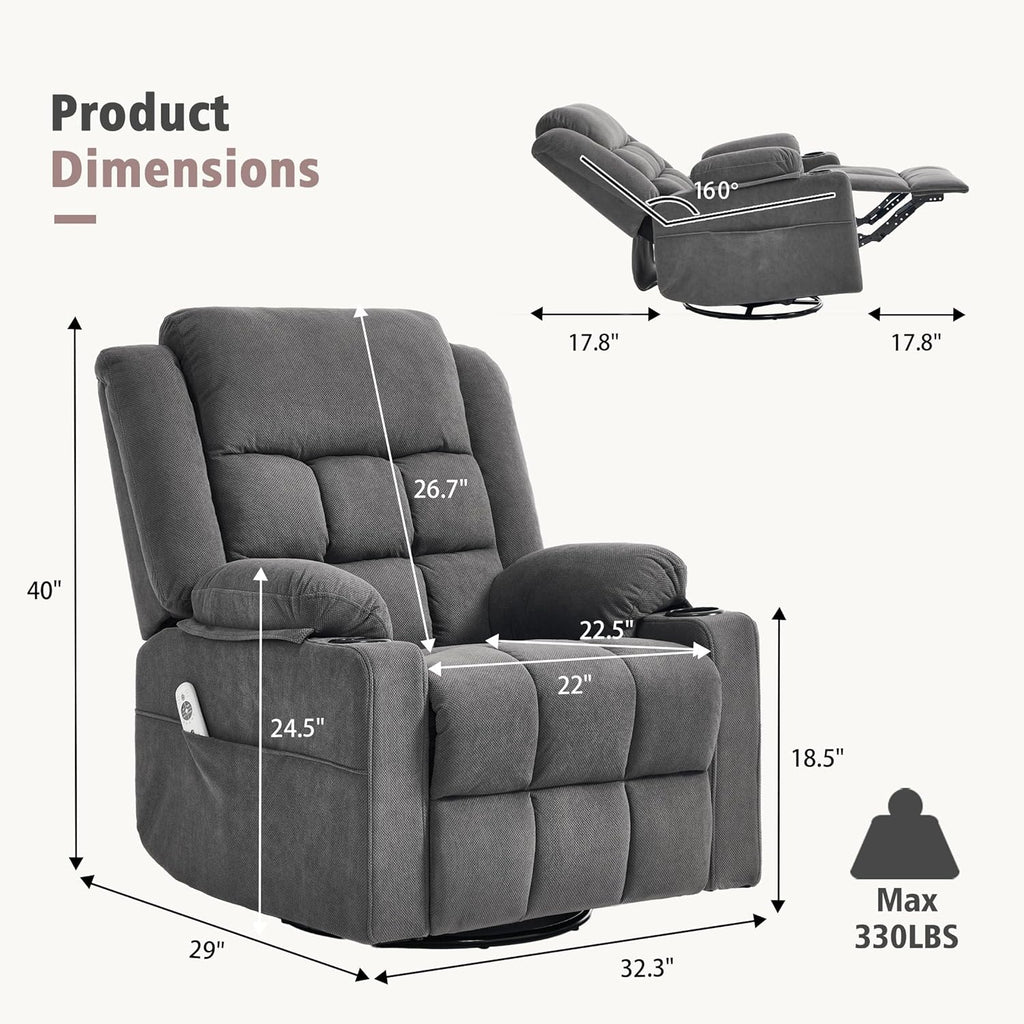 Ketaiyou Swivel Rocker Recliner Chair for Adults with Massage and Heat, Cup Holders and Side Pockets, Glider Rocking Reclining Single Sofa Chair for Living Room(DK Grey)