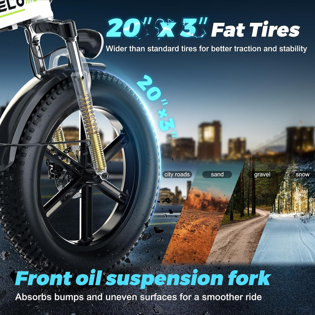 Aelith Folding Electric Bike for Adults–20'x3' Fat Tire, 48V Removable Battery, All-Terrain E-Bike with 7-Speed, Front Suspension – Powerful Foldable Ebike for Commuter