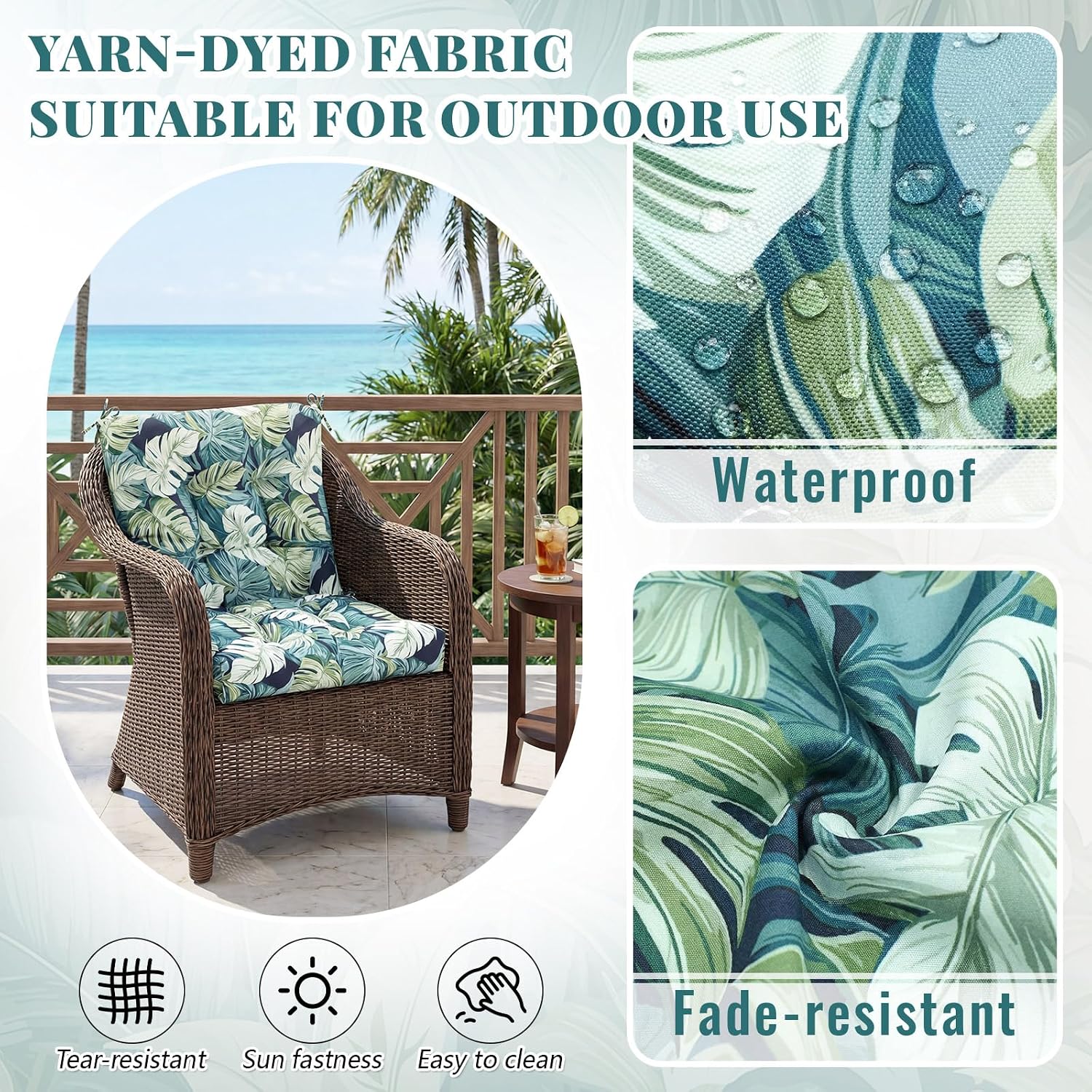 Marsui 4 Pcs Outdoor Indoor High Back Chair Cushions Patio Furniture Tufted Pillow with Ties Water-Resistant Replacement Outdoor Rocking Chair Cushions, 42 x 21 Inches (Green,Leaves)