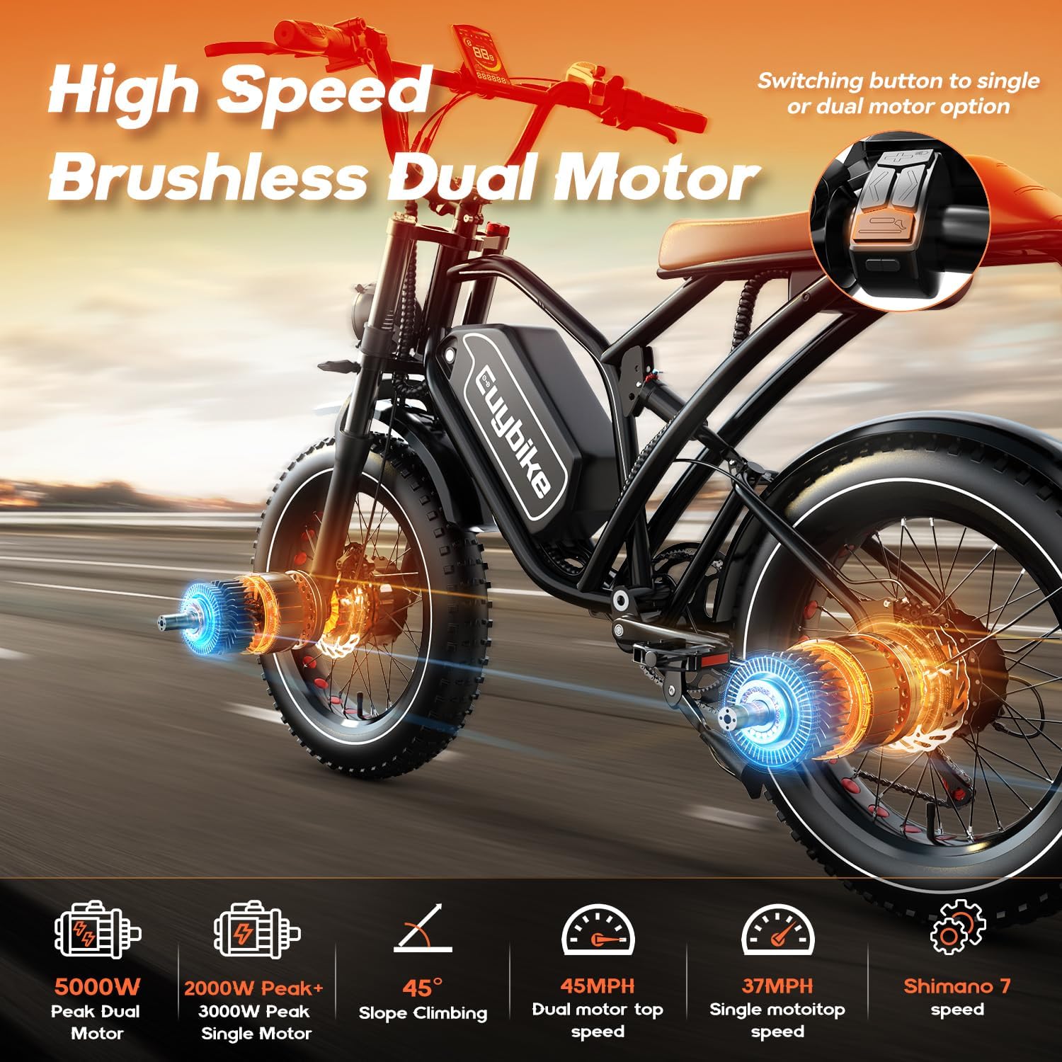 EUYBIKE Electric Bike for Adults, 2000W/3000W Peak Single/Double Motor with 48V/52V 25AH/30AH Battery, 20'x4.0' Fat Tires 35MPH/37MPH Ebike, Dual Hydraulic Disc Brake Full Suspension Electric Bicycle
