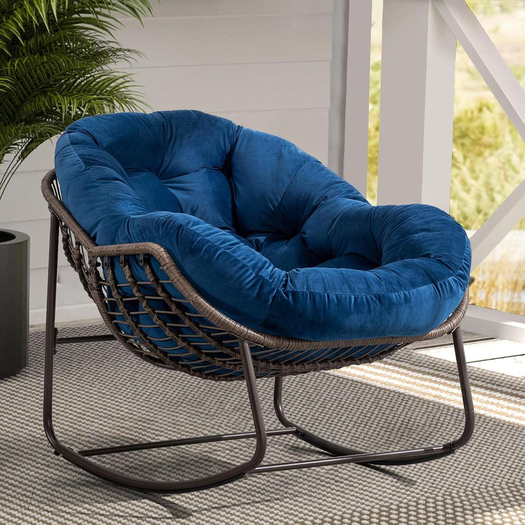 37' Papasan Rocking Chair with Cushion and Steel Frame, Oversized Outdoor Egg Rocking Chair, Rattan Circle Chairs for Grand Patio and Garden (Navy Blue)