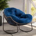 37' Papasan Rocking Chair with Cushion and Steel Frame, Oversized Outdoor Egg Rocking Chair, Rattan Circle Chairs for Grand Patio and Garden (Navy Blue)