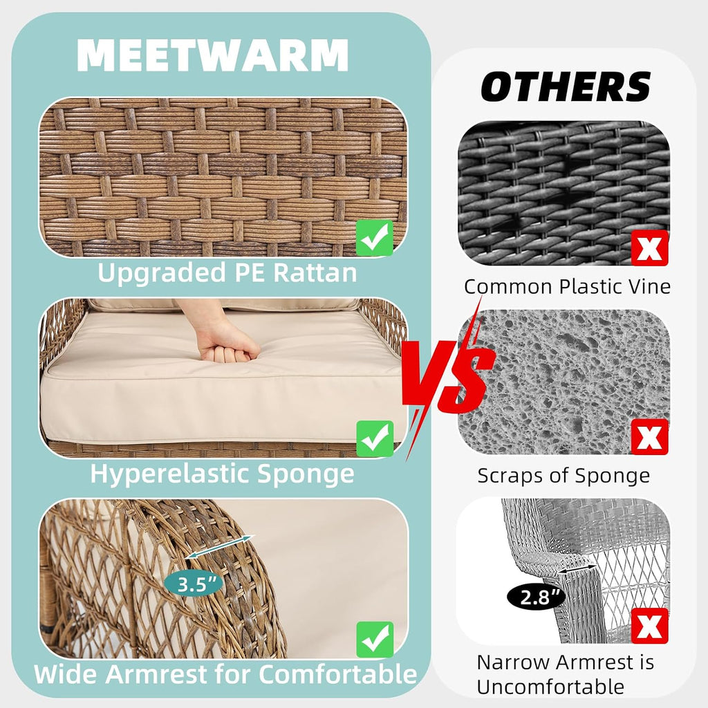 MEETWARM Outdoor Wicker Rocking Chairs Set of 2, Rattan Patio Rocker Chairs with Thick Cushions and High Back, All-Weather Patio Wicker Chair with Safe Rocking Design for Garden, Brown/Beige