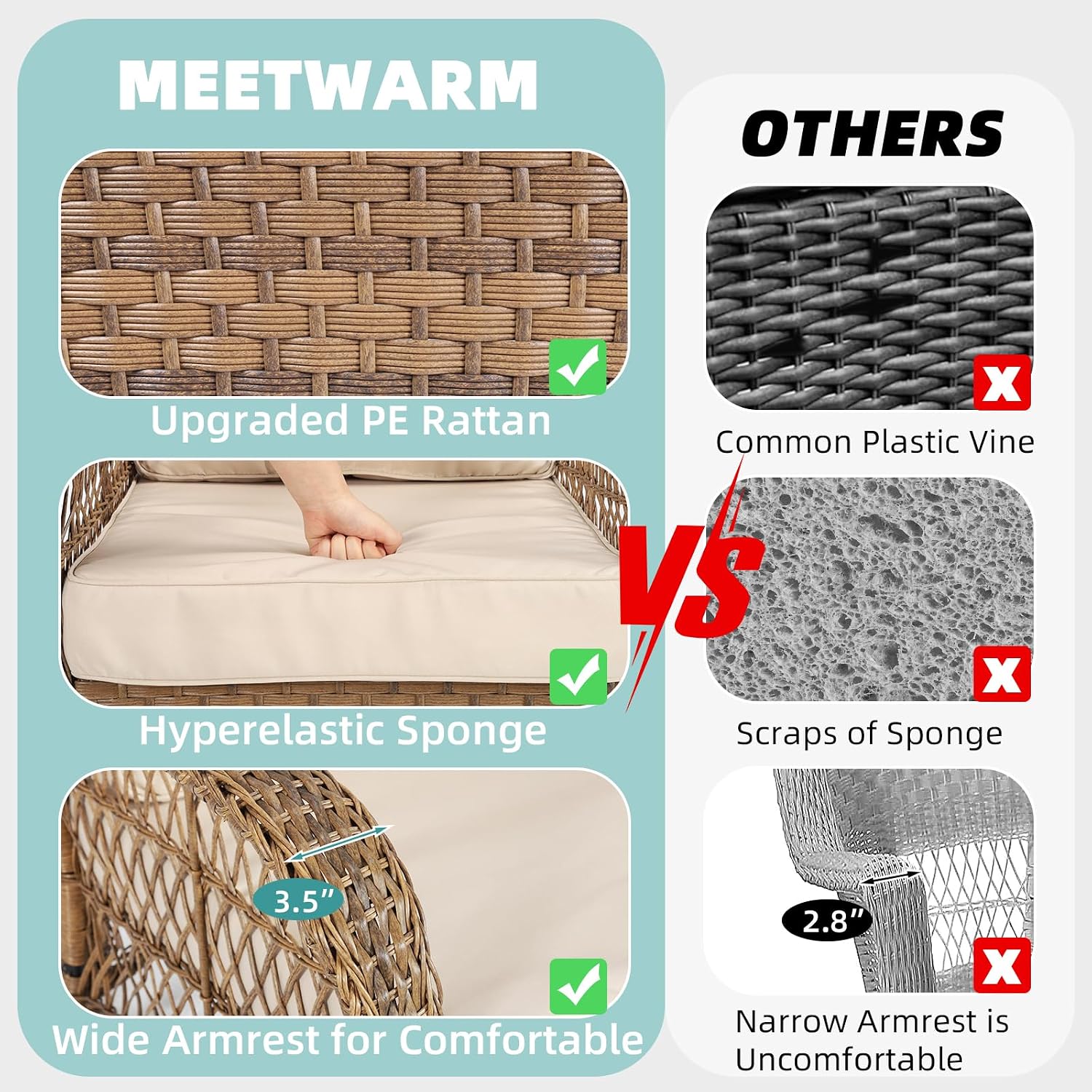 MEETWARM 3 Pieces Outdoor Wicker Rocking Chair Set, Rattan Patio Rocker Chairs Set with Cushions and Glass-Top Coffee Table, Conversation Bistro Set for Porch & Backyard - Beige