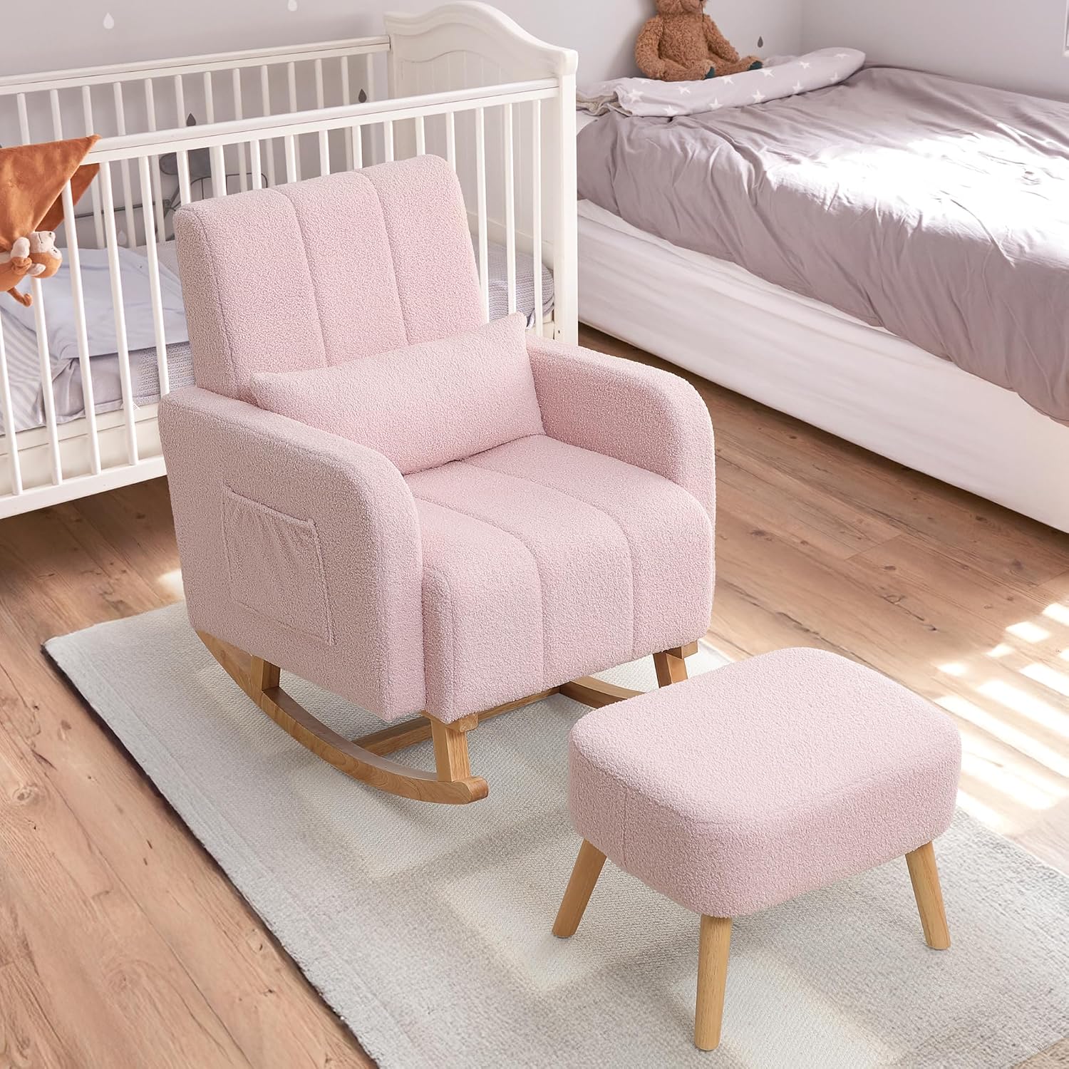 HCHAIRH Rocking Chair with Ottoman, Upholstered Glider Rocker Armchair with High Backrest and Side Pocket, Comfy Reading Chair with Solid Wood Legs for Nursery, Living Room,Bedroom, Pink