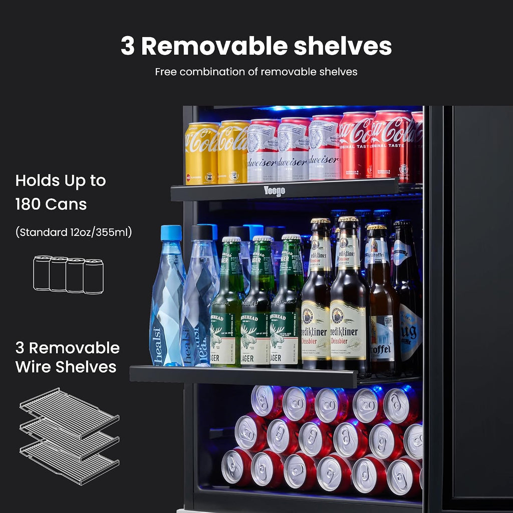 Yeego Beverage Refrigerator Cooler - 24 inch 180 Cans Mini Fridge with Glass Door, 34-54 ℉ Under Counter Refrigerator Built-in for Wine Beer Soda for Bar Bedroom Office(Left-Hinged)