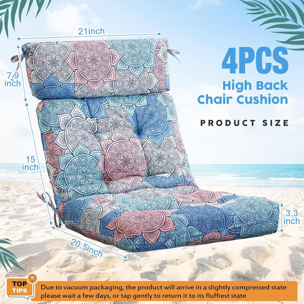 Barydat 4 Pcs Tufted High Back Chair Cushion Indoor Outdoor Seat and Back Cushions Palm Leaves Tropical Plants Lawn Rocking Chair Pads with Ties for Adirondack Patio Garden(Blue Flower)