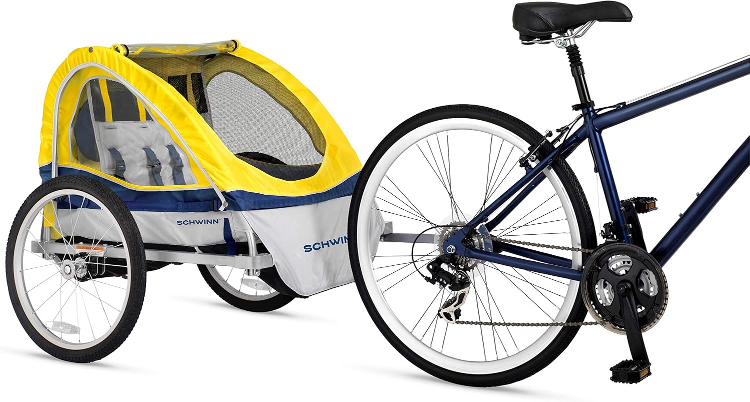 Schwinn Echo Child Bike Trailer, Max of 2 Children with Total Weight of 80 lbs., Canopy, 20-Inch Air-Filled Tires, Yellow/Grey