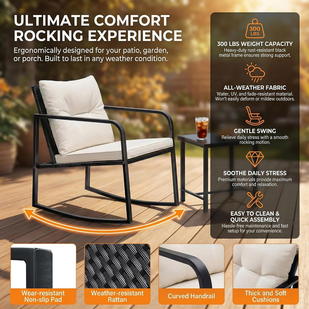 Flamaker Patio Chairs 3 Piece Wicker Rocking Chair Outdoor Bistro Sets with Coffee Table and Cushions Metal Frame Patio Furniture for Porch, Balcony, Lawn (White)