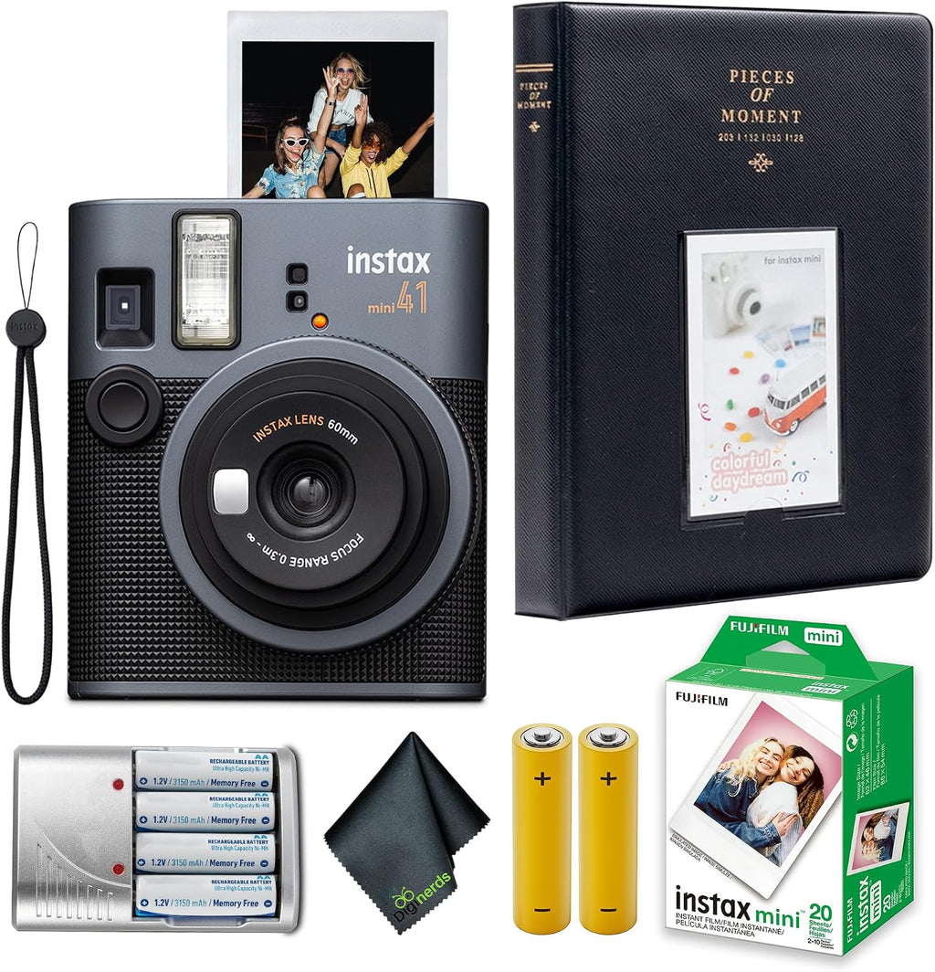 Fujifilm Instax Mini 41 Instant Film Camera Bundle with Fuji Instax-Instant-mini Film Value Pack (20 Sheets) + 4X Rechargeable AA Batteries with Charger + Photo Album – 64 Pockets + More