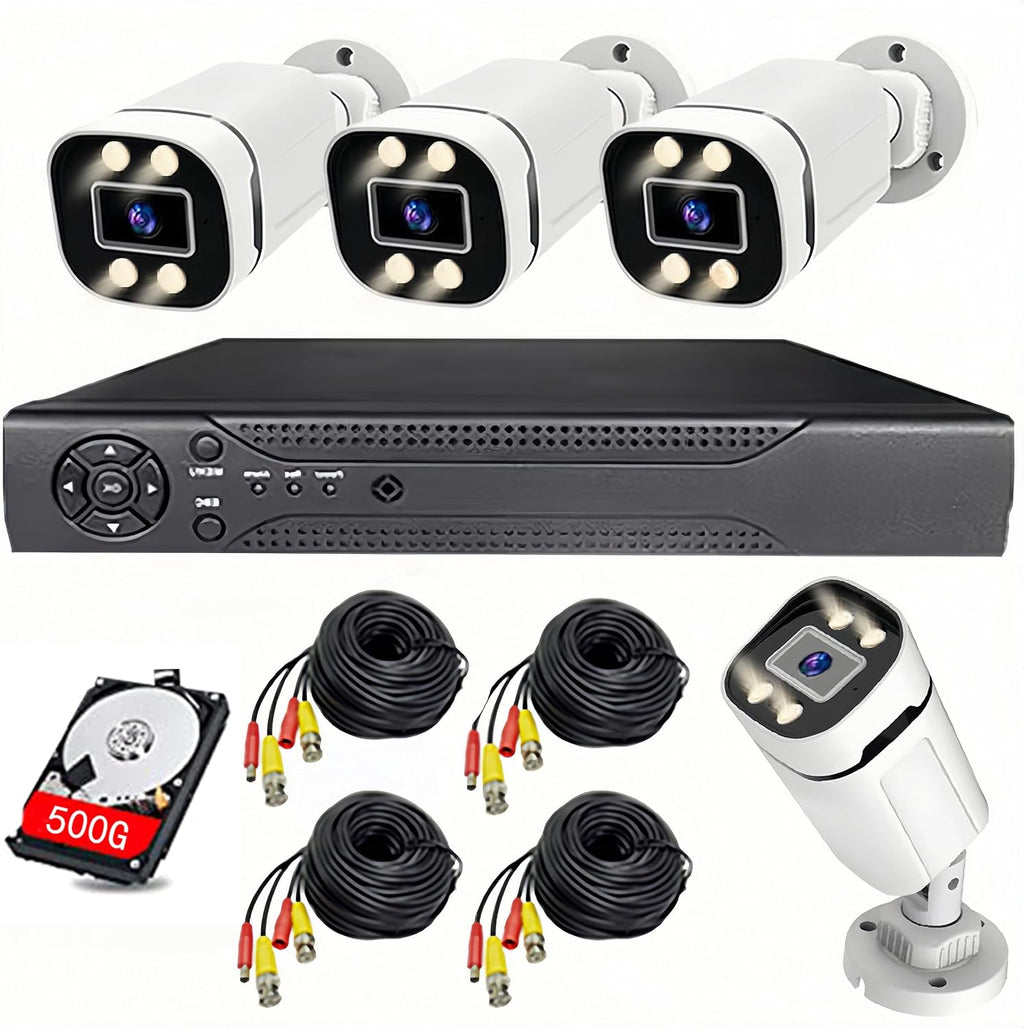 Home Security System 4Ch DVR Kits with 4pcs 1080P Waterproof Bullet Analog AHD TVI CVI Camera 3MP Lens Color Night Vision Outdoor Surveillance Wired CCTV Set (Include 500GB HDD) 24/7 Recording