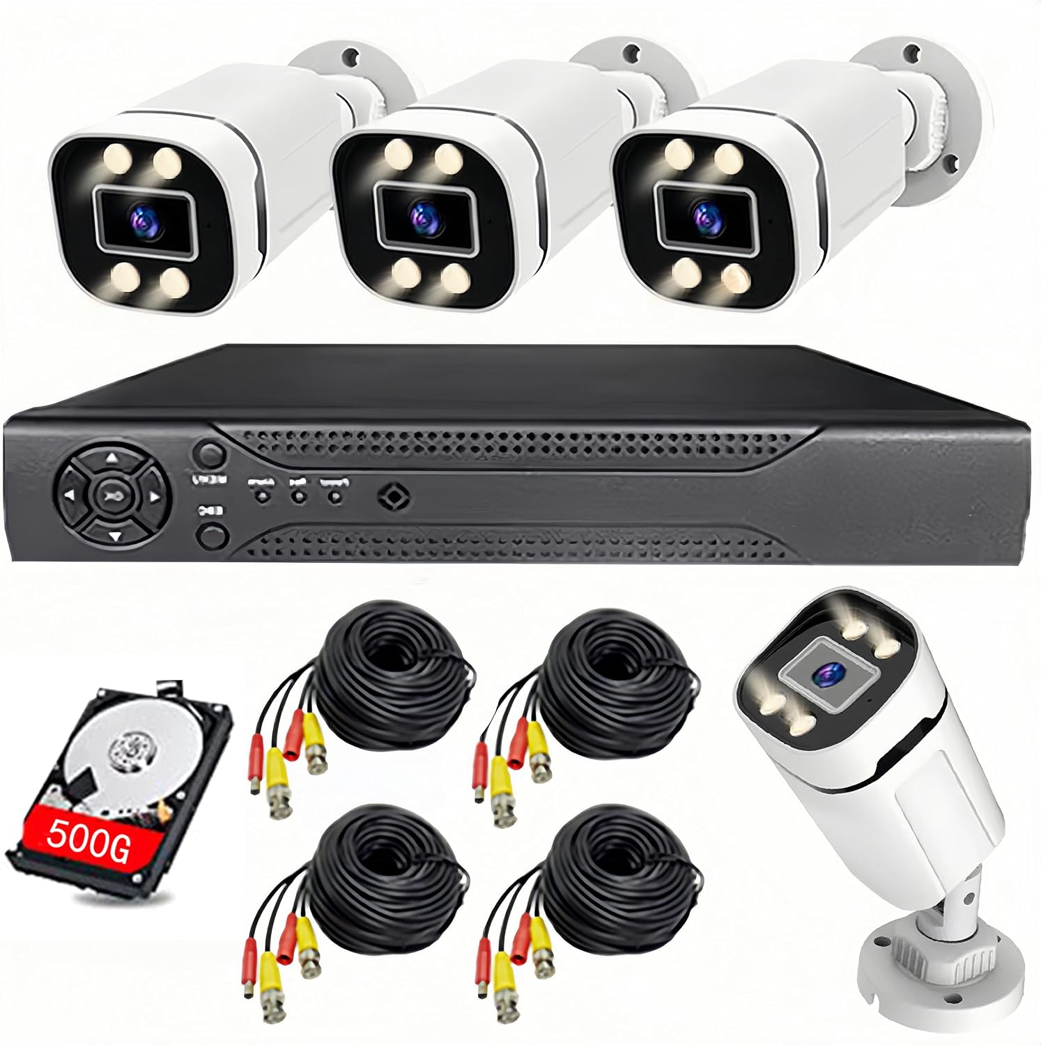 Home Security System 4Ch DVR Kits with 4pcs 1080P Waterproof Bullet Analog AHD TVI CVI Camera 3MP Lens Color Night Vision Outdoor Surveillance Wired CCTV Set (Include 500GB HDD) 24/7 Recording