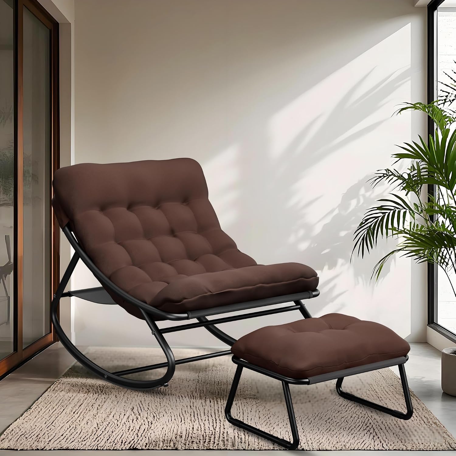Outdoor Rocking Chair, Oversized Patio Papasan Rocking Chair with Cushion, Modern Comfy Lounge Rocker Chairs for Indoor Balcony Porch (Brown)