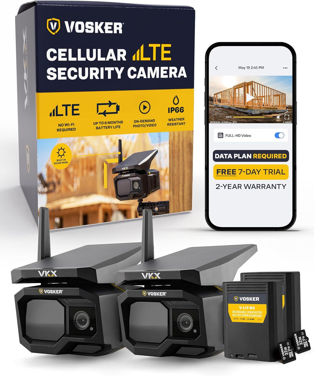 Vosker VKX Solar Powered 4G-LTE Outdoor Cellular Security Camera - No WiFi Needed, Motion Activated, Night Vision, SIM Card Included, IP65 Weather-Resistant, Photos & 15s Video Requests (2 Pack)