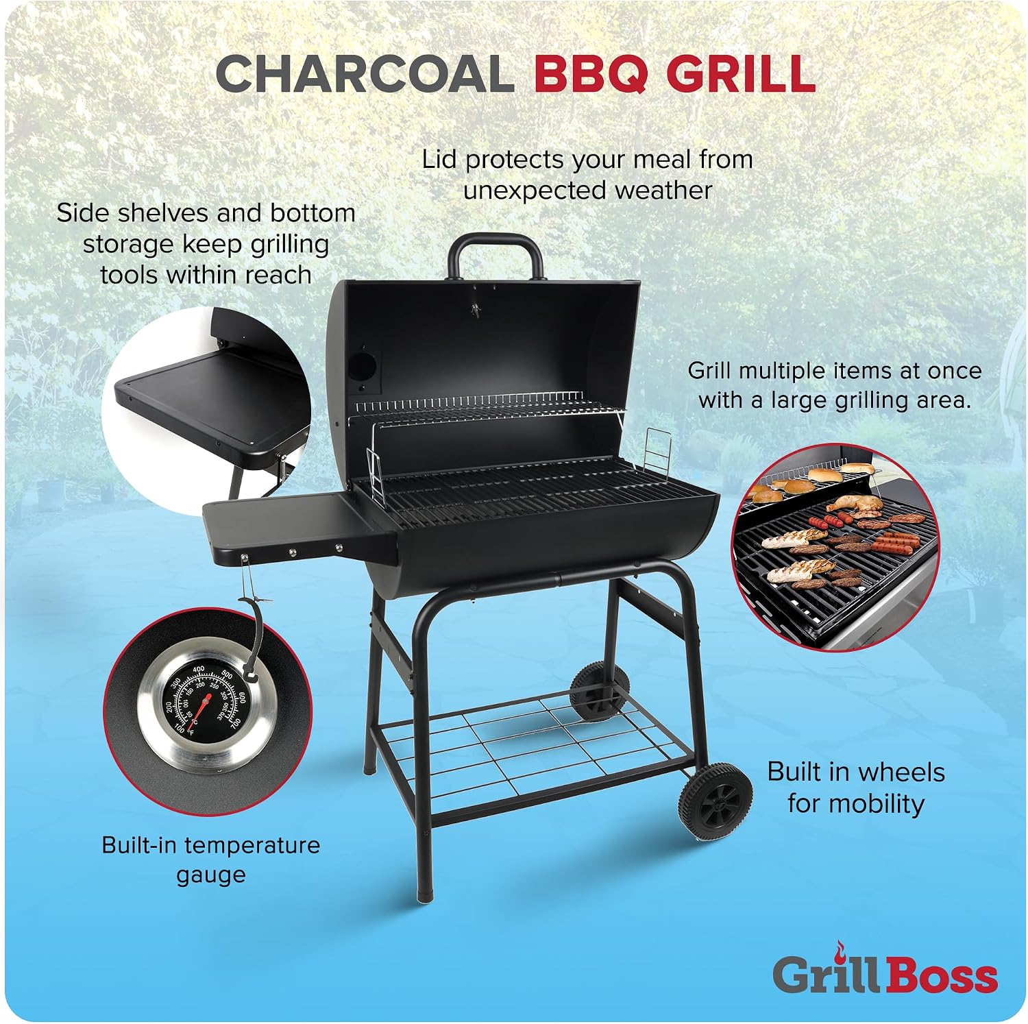 Grill Boss 30 Inch Barrel Charcoal Grill with Adjustable Grate, Large Cooking Area, Built In Temperature Gauge, and Durable Cast Iron Grates, Black
