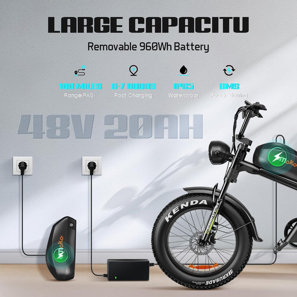 Electric Bike for Adults, Peak 1500W/3000W Ebike, Up to 32-35MPH & 100/110Miles Long Range, 48V 20Ah/23Ah Removable Battery，20'' Fat Tire Mountain Electric Bicycle, 7-Speed with Full Suspension