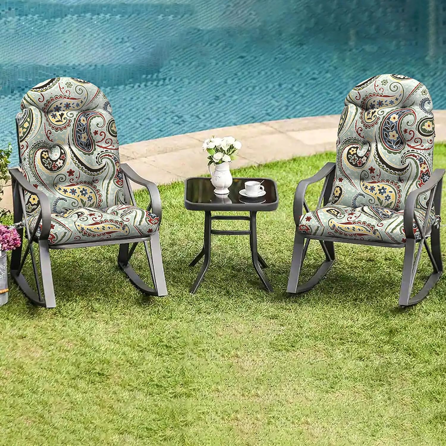 LVTXIII 2 Pack Outdoor Adirondack Chair Cushions, 44x19x4 Inch Water Repellent Patio Cushions for Rocking Chairs, Thick Tufted High Back Seat Cushion Set, Paisley Light Cyan