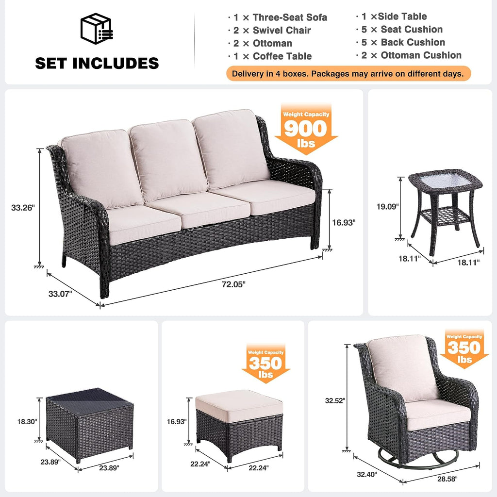 ovios 7 Pieces Patio Furniture Set with Swivel Rocking Chairs, Outdoor Wicker Sofa Couch Glass Coffee Table, All Weather High Back Modern Conversation Set, Brown Rattan, Beige