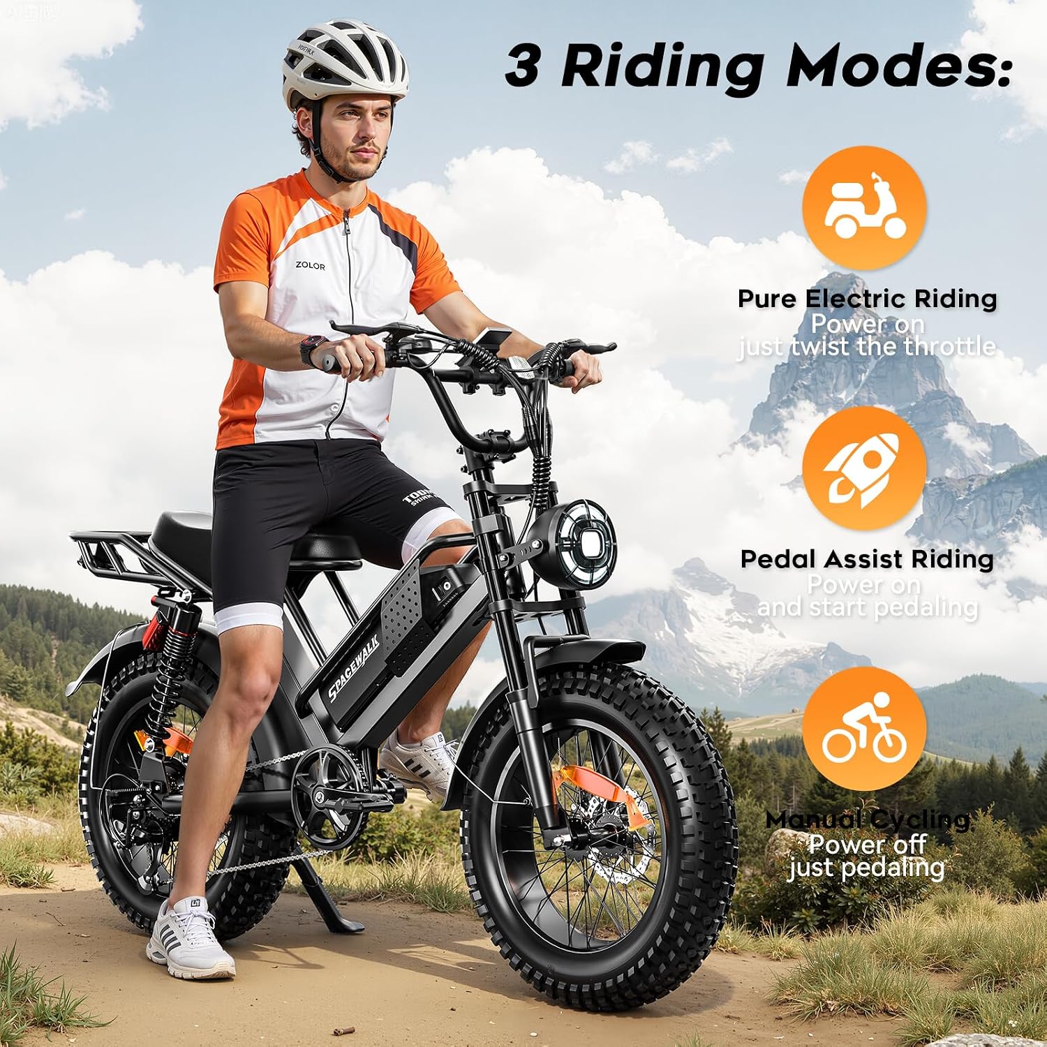 Spacewalk Electric Bike M7 for Adult,20' Fat Tires Ebike,Suitable for Riders 5'5'& Above,1500W Peak Motor,27.9mph,48V 15Ah Removable Battery,4X Suspension,50 Miles Pure Electric,70 Miles PAS