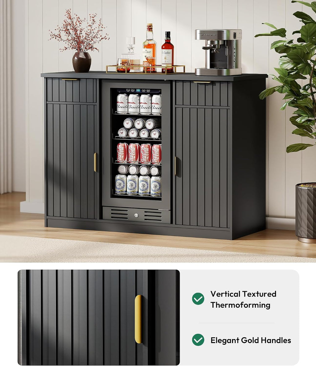 Lamtor Coffee Bar Cabinet with Storage - 53' Mini Fridge Cabinet with Power Outlet, Fluted Wine Bar with Drawer & Door Storage for Kitchen Dining Room, Black