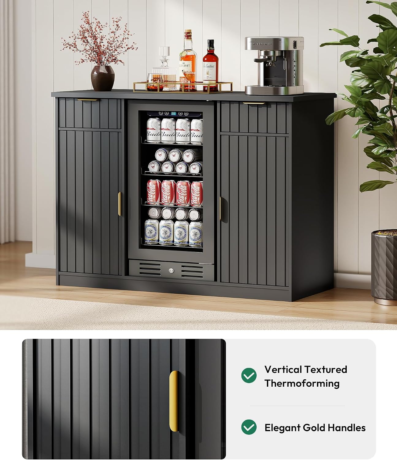 Lamtor Coffee Bar Cabinet with Storage - 53' Mini Fridge Cabinet with Power Outlet, Fluted Wine Bar with Drawer & Door Storage for Kitchen Dining Room, Black