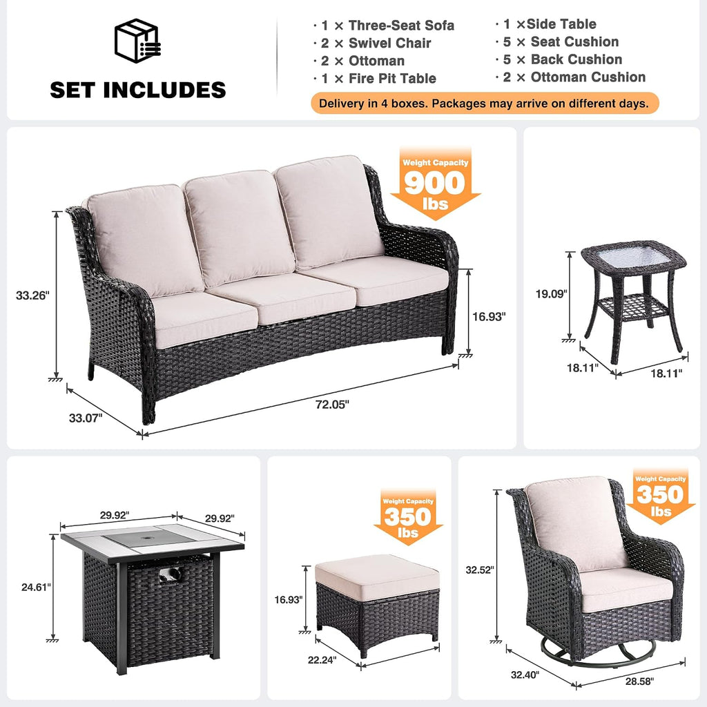ovios 7 Pieces Patio Furniture Set with 30 inch Fire Pit Table, Outdoor Wicker Sofa Couch Swivel Rocking Glider Chairs, Modern Luxury Conversation Set, Brown Wicker, Beige