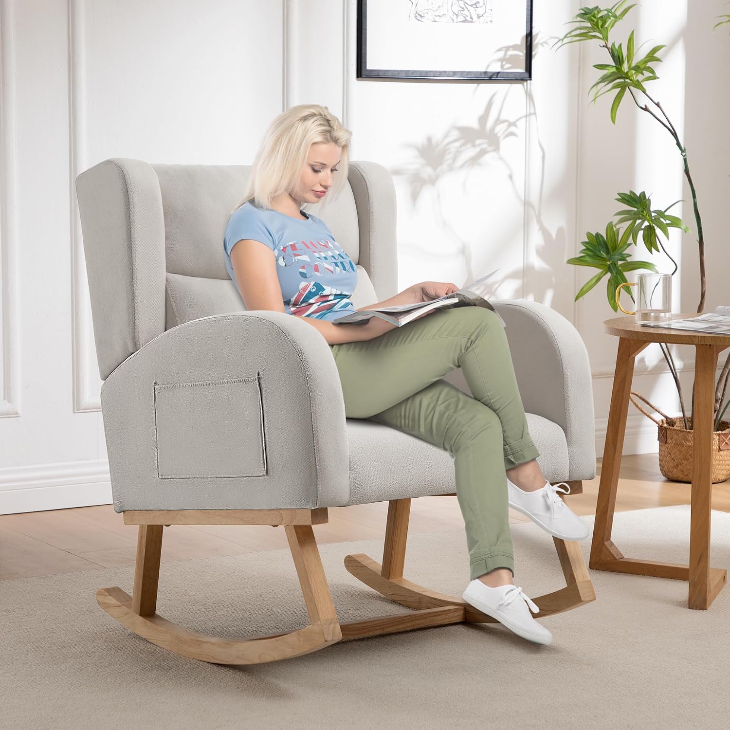 Nursery Rocking Chair,Linen Upholstered Rocker Chair,Wingback Nursing Rocking Chair with High Back for Nursing Adults Living Room, Bedroom(Linen Beige)