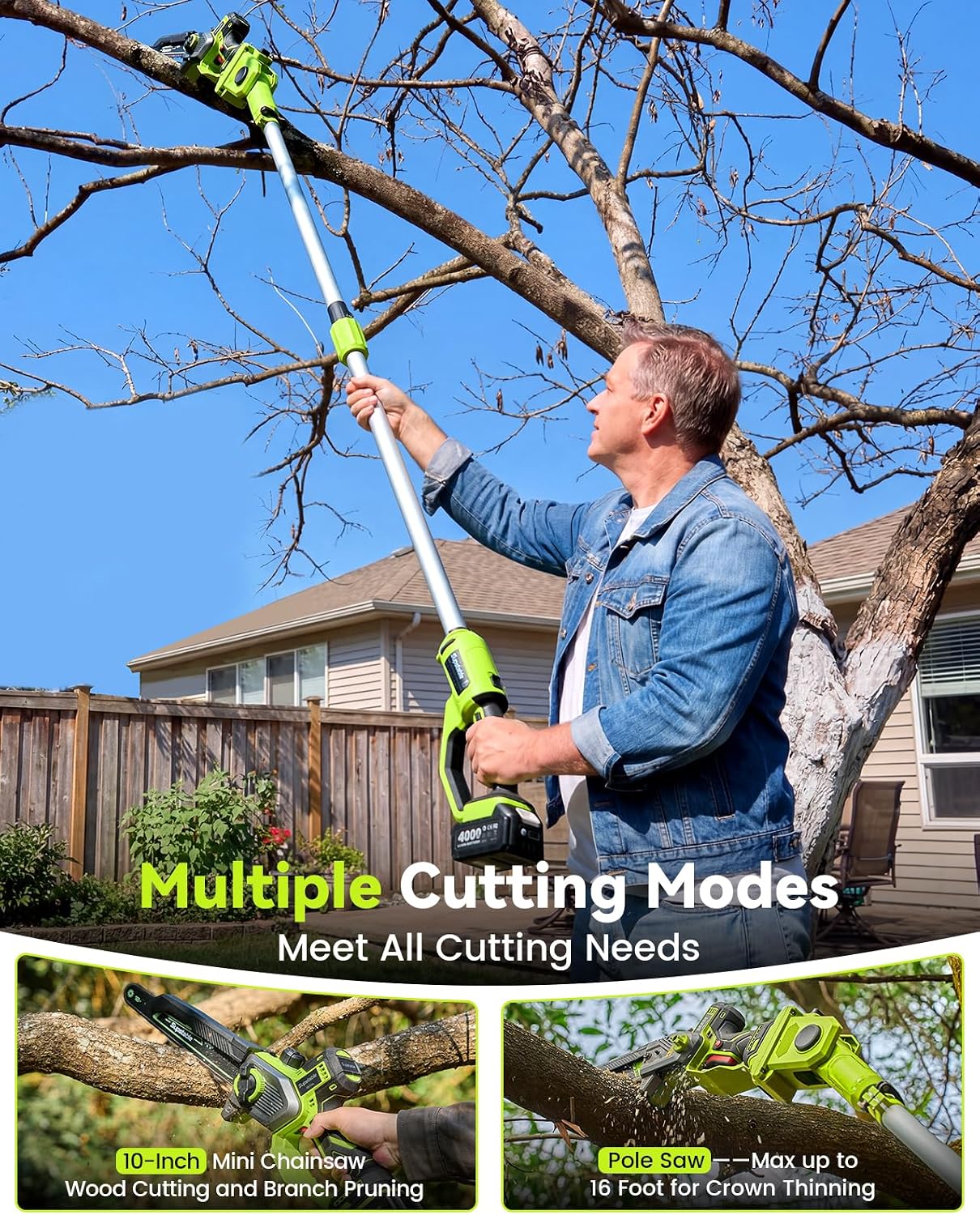 10 Inch Electric Pole Saws for Tree Trimming, 1000W Brushless Pole Saw and Mini Chainsaw 2 in 1, 2*4000mAh Battery, Lightweight Tree Saw with Extension Pole, 16Ft Max Reach Tree Trimmer Branch Cutter