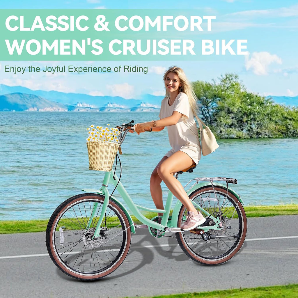DEYGIA Beach Cruiser Bike for Women, 24 26 inch 7 Speed Commute Bike for Adults, Womens Bicycle with Ratten Basket and Adjustable Seat, Lightweight Step Through Bike for Adults Women Ladies