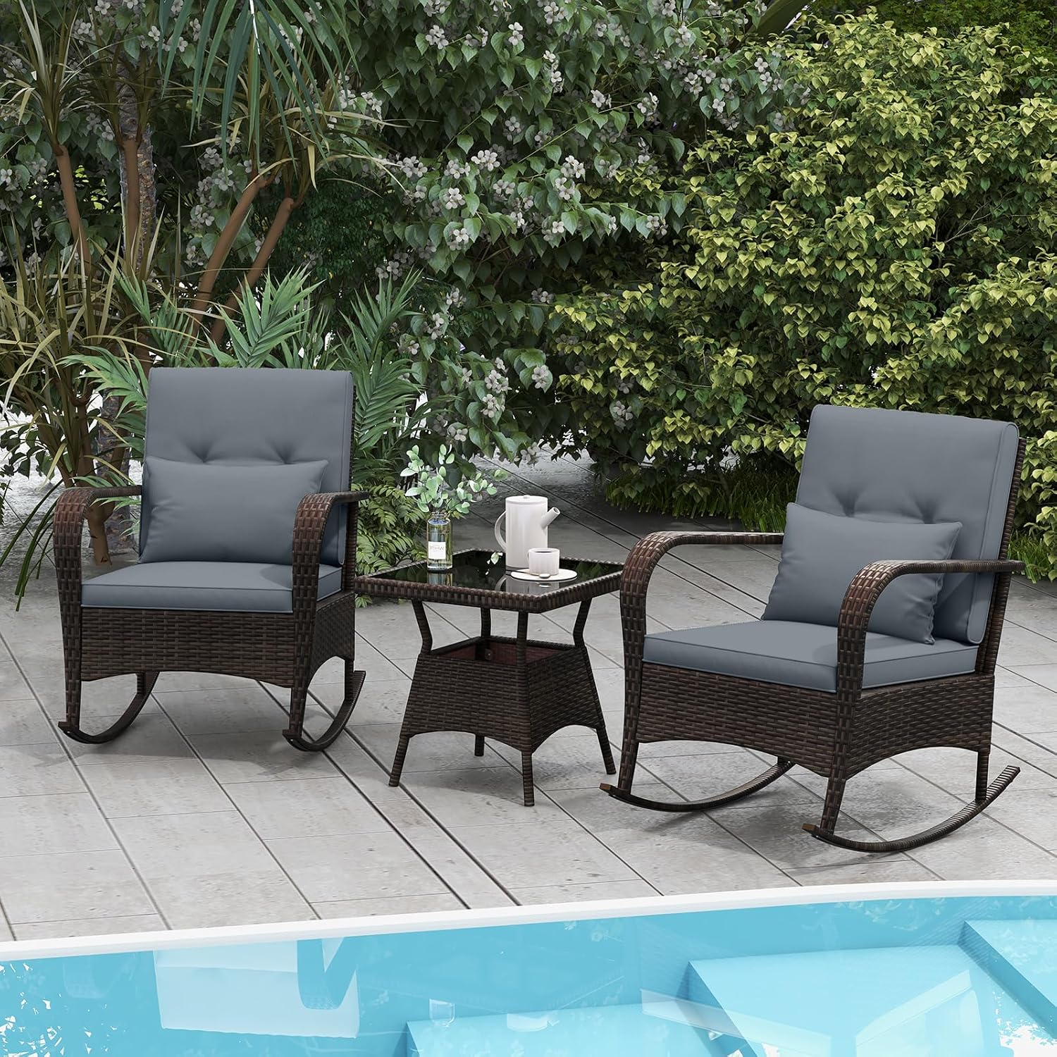 Tangkula 3 Pieces Rocking Bistro Set, Patiojoy Outdoor PE Rattan Rocker Chairs with Removable Cushions & Tempered Glass Top Coffee Table, Outdoor Wicker Furniture Set for Porch, Garden (Grey)