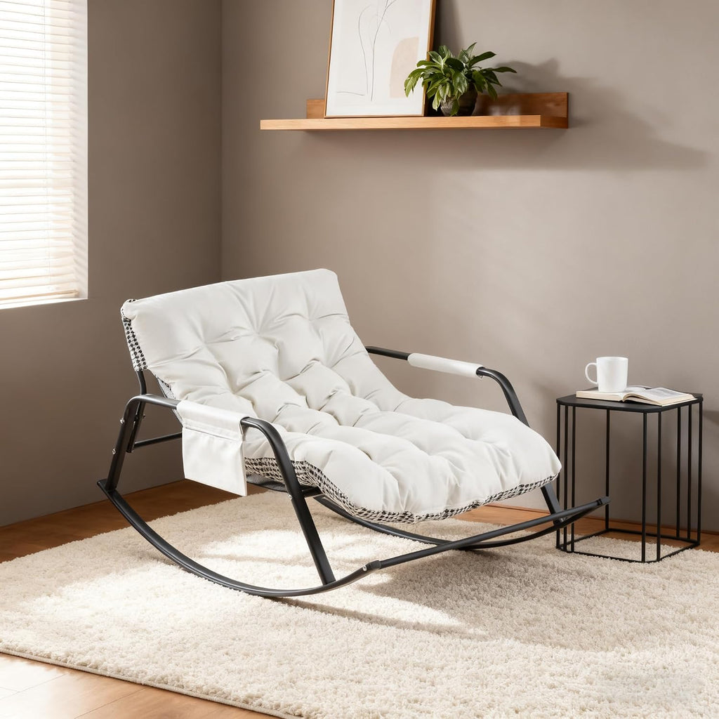 Extra Wide Boucle Rocking Chair with Technical Leather Oversized Gliding Recliner for Indoor Outdoor Living Room Nursery Bedroom (XL-White)