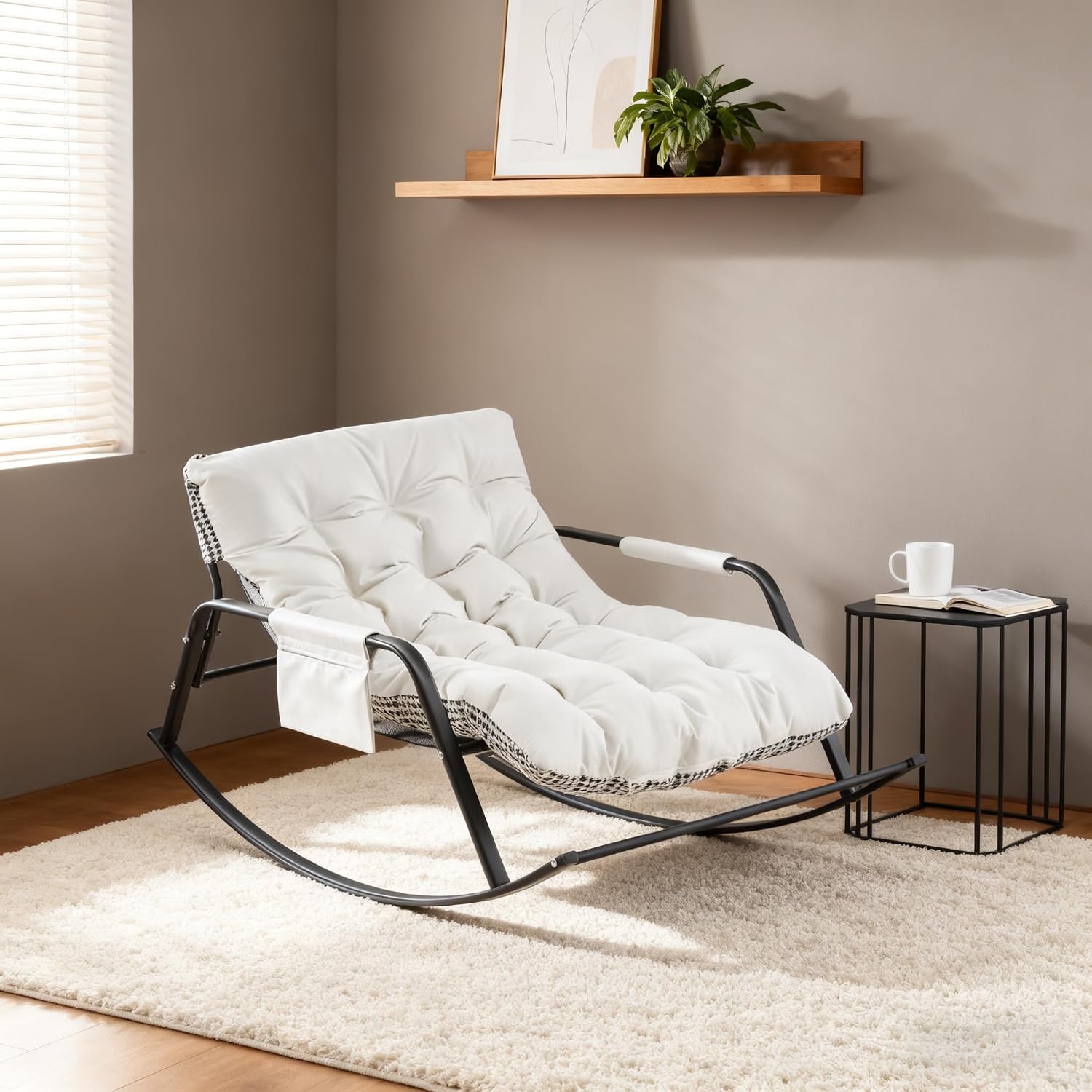 Extra Wide Boucle Rocking Chair with Technical Leather Oversized Gliding Recliner for Indoor Outdoor Living Room Nursery Bedroom (XL-White)